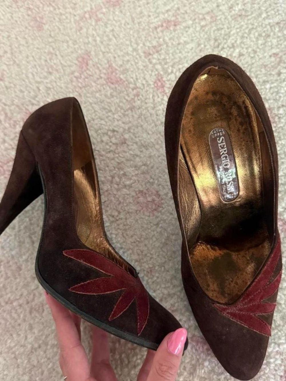Sergio Rossi Brown Suede Pumps with Red Suede Detail